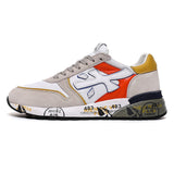Premiata 483 Low-Top Sneaker in White, Grey and Orange