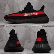 Yeezy 350 V2 Black Red Knit Sneakers with Supreme Detail