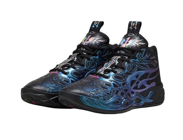 Black and Blue High-Top Basketball Sneakers with Iridescent Details