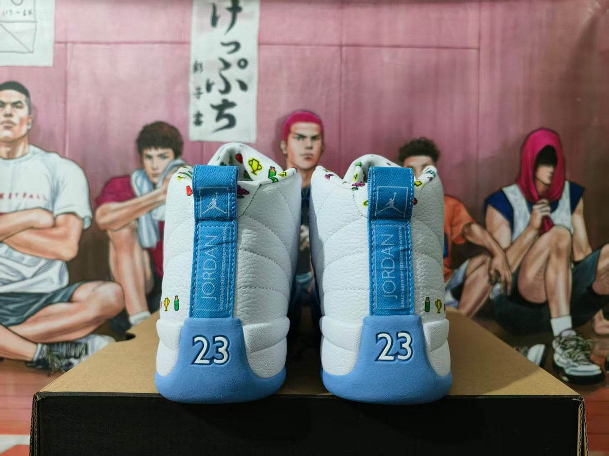 Jordan 12 Retro White and Blue Basketball Sneakers