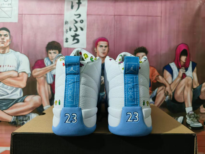 Jordan 12 Retro White and Blue Basketball Sneakers
