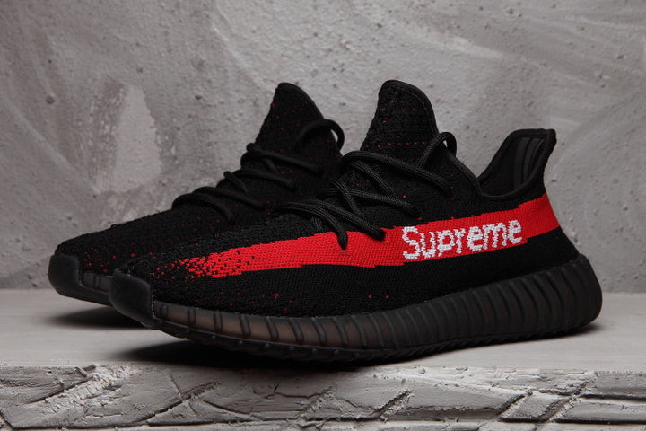 Yeezy 350 V2 Black Red Knit Sneakers with Supreme Detail