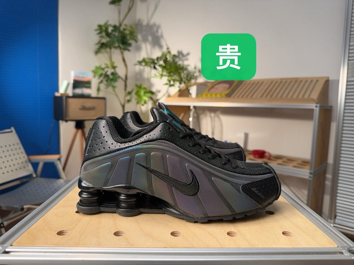 Nike Shox R4 Black and Iridescent Sneakers