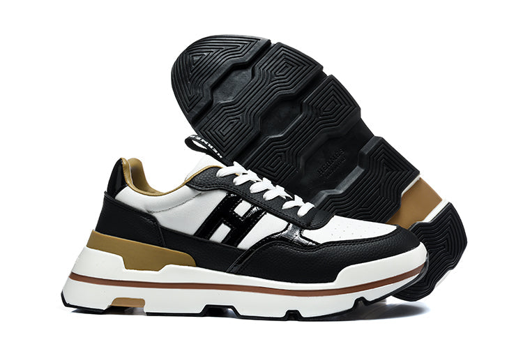 Hermès Black and White Low-Top Sneakers with Brown Trim