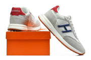 Hermès Grey and White Low-Top Sneakers with Blue Accents