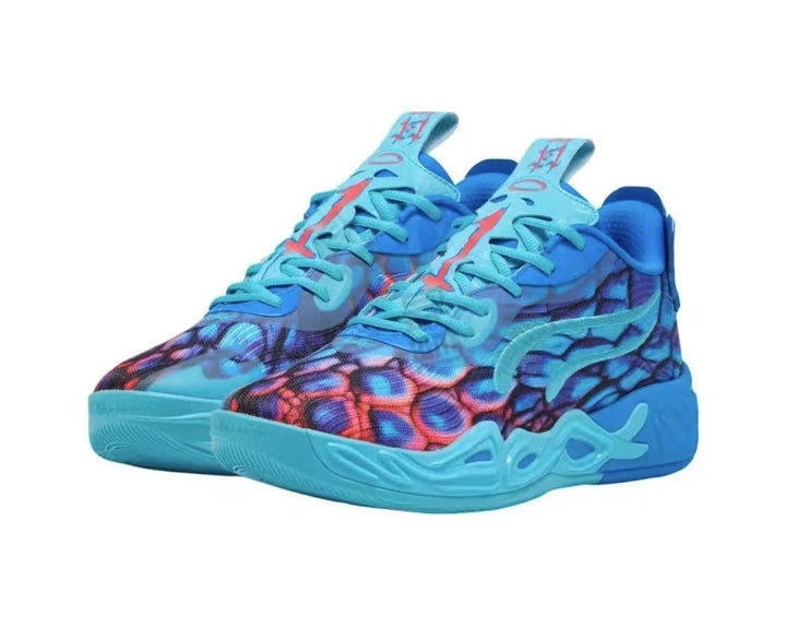 Basketball Sneakers in Aqua and Blue with Multicolor Print