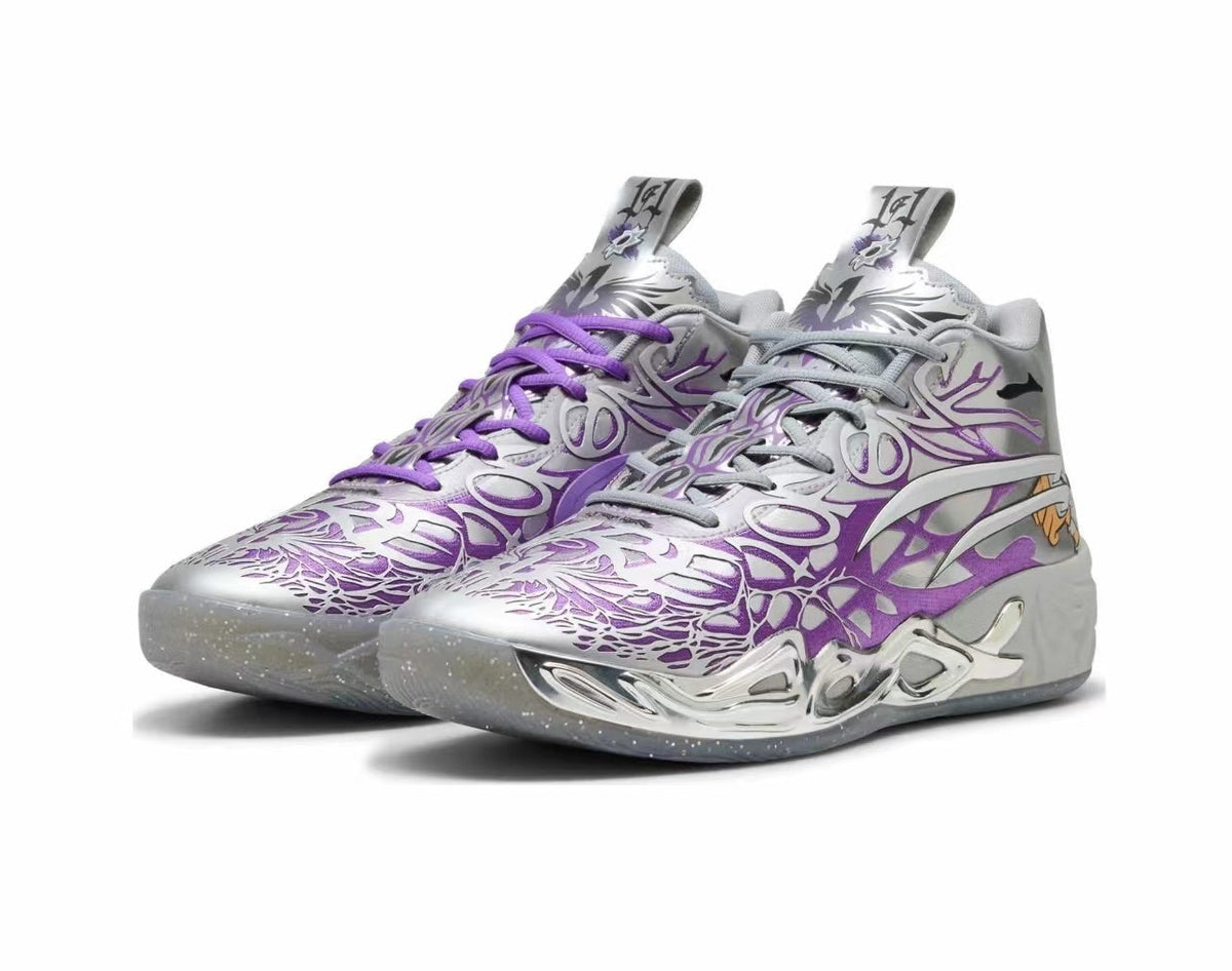Grey and Purple High-Top Basketball Sneakers